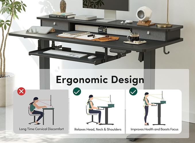 CubiCubi 48" x 24" Standing Desk with Drawers and Keyboard Tray, Electric Height Adjustable Workstation, Computer Sit Stand Up Office Table with Large Monitor Shelf, Black