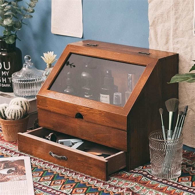 Solid Wood Desktop Storage Box Bedroom Dresser Skin Care Product Wooden Storage Drawer Retro Style Perfume Dustproof Cabinet