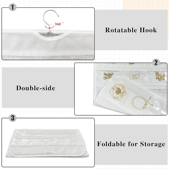 2-Pack Hanging Jewelry Organizer 80-Pocket Dual-sided Jewelry Storage for Jewelry Earring Necklace Bracelet Ring Storage Travel Holder, White | Foldable clear PVC 80-pocket storage; swivel hook fits walls, doors & rods to organize earrings, necklaces, ...