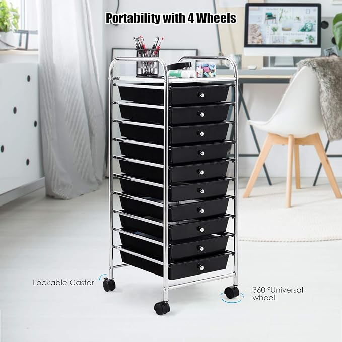 Happygrill 10-Drawer Storage Cart, Utility Cart with Removable Drawers & Metal Frame, Rolling Storage Cart with Lockable Wheels for Home, Office, Black