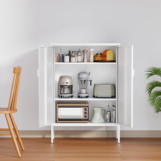 Ustamio 2 Door Accent White Metal Storage Cabinet with Adjustable Shelves and Air Vent Doors, 3 Tier Metal Sideboard Cabinet for Home, Office, Entryway, Hallway, Assembly Required, (LC-WGG-W)