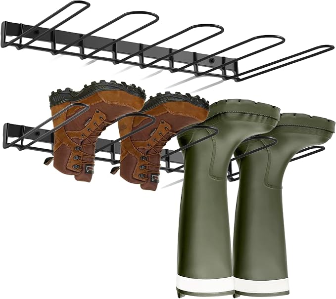 Boot Rack - 4 Pair Wader Hangers Wall Mount Boot Organizer for Tall Boots, Heavy Duty Boot Hangers Holder Sturdy Metal Wall Mounted Shoe Rack for Garage Mudroom Closet Entryway Black 2 Pack