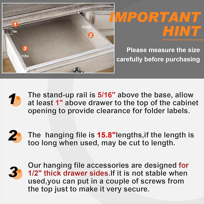 Leinuosen 6 Pcs File Cabinet Rails PVC Hanging Black Document Cabinet Rails for Drawer Sides Letter Size Office File Drawer Holder Organizer Storage, 15.8 Inches Long(1/2 Inch Wide)