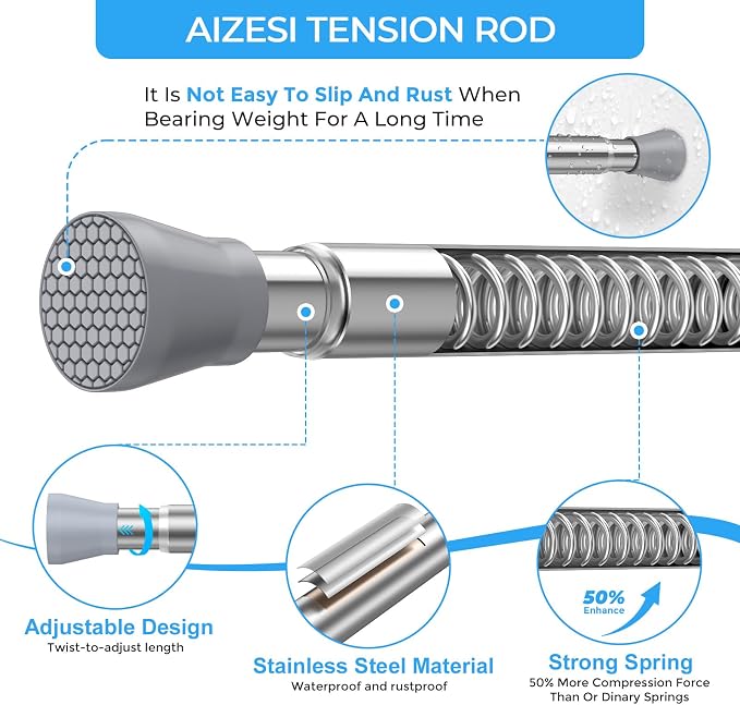 AIZESI Tension Curtain Rod 16 to 26 Inch Adjustable No Drilling 7/8” Diameter Silver Spring Loaded Curtain Rods | Small Curtain Rod for Window, Kitchen, Bathroom, Closet