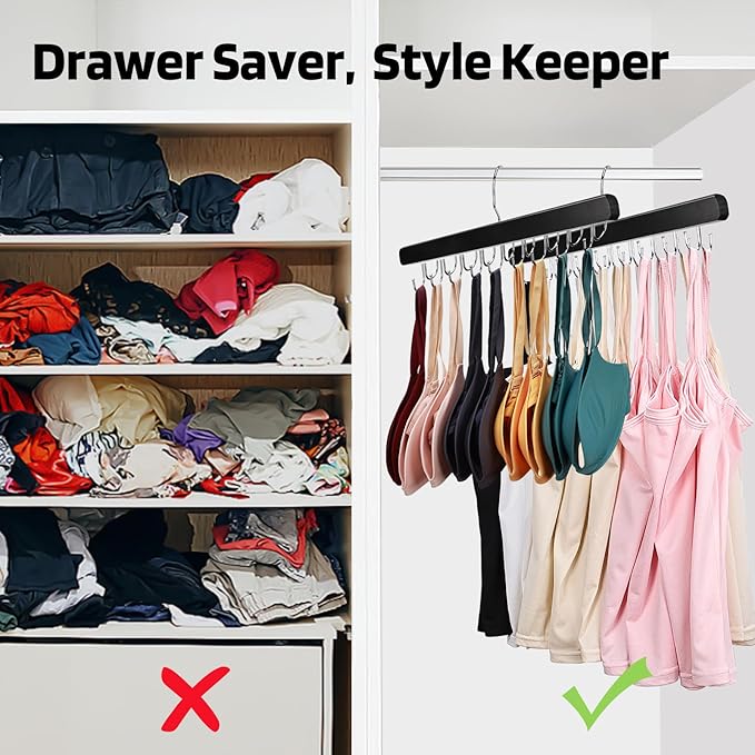 NECAMOCU 2 Pack Bra Hanger for Closet Organizer, Premium Tank Top Hangers | Black Wooden Bra Holder with 36 Foldable Hooks, 360° Rotating Design, Space Saving Storage for Tank Tops, Bras, Belts