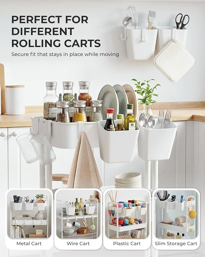 4 Pack Rolling Cart Accessories, White Craft Cart Cup Holder and 6 Hooks for Utility Carts Accessories, Adhesive Kitchen Cabinet Door Storage, Space-Saving Wall Mount Organizer for Bathroom, Office