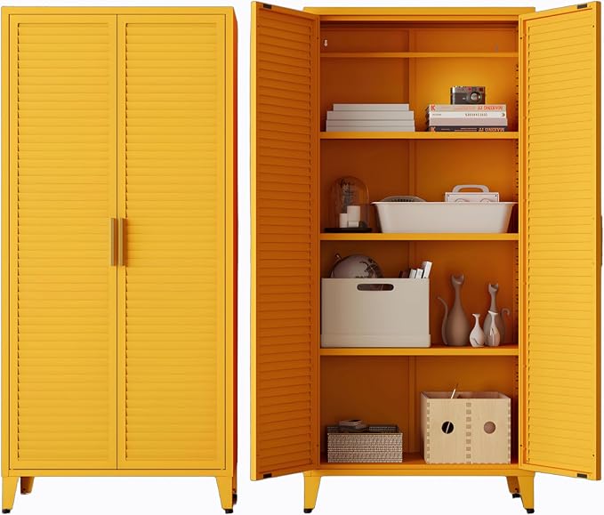 Yellow Metal Storage Cabinet, 4-Tier Tall Cabinet with Adjustable Shelves and Hanging Rod, Louvered Door Freestanding Lockers for Home, Living Room, Kitchen, Bedroom,garage 61" H X 27.6" W X 13.8" D
