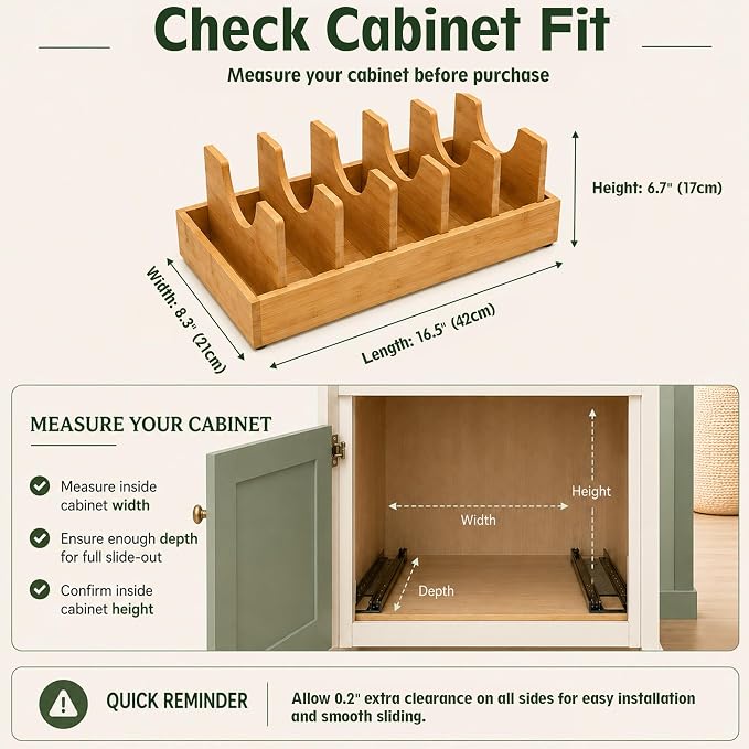 Pull Out Pots and Pans Organizer, Bamboo Cabinet Storage Rack | Pots and Pans Organizer Under Cabinet, Bamboo Sliding Rack with Adjustable Dividers for Lids, Bakeware, Cutting Boards