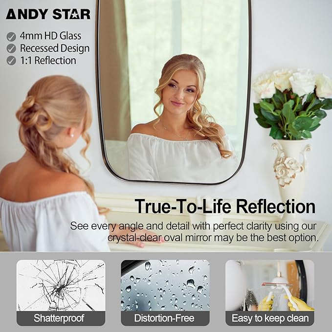 ANDY STAR Brushed Bronze Bathroom Mirror, 22x30 Oblong Mirror with Stainless Steel Metal Frame, Oval Vanity Mirror for Over Sink, Modern Anti Rust Wall Mounted