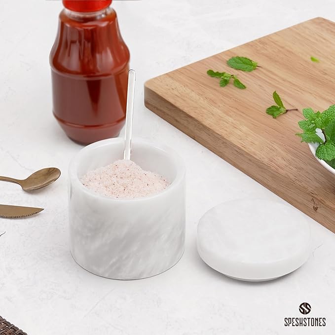 Marble Salt Cellar 3 Inch White Flaky Salt Containers for Countertop - Sugar Bowl With Lid, Salt Holder, Spice Jars, Salt Box for Seasoning Storage Container, Salt Dish for Kitchen Decor