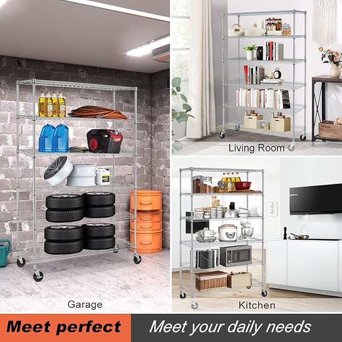 Meet perfect 6-Tier Wire Shelving Unit with Wheels, 72" H x 48" W x 18" D Heavy Duty Metal Shelf, 6000LBS Capacity Adjustable Utility Storage Rack for Garage Pantry Kitchen Warehouse