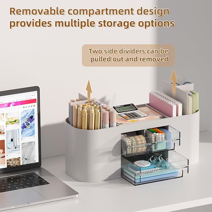 Marbrasse Desk Organizer Pen Holder for Desk with 3 Drawers, Multi-Functional Pencil Holder, Desk Organizers and Accessories with 7 Compartments for Home, School, Classroom(Grey)