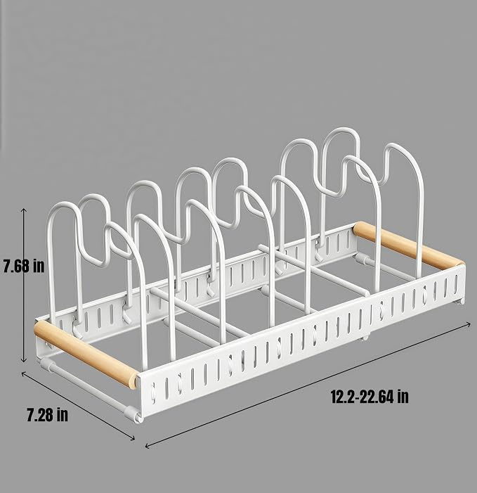Pots and Pans Organizer Rack for under Cabinet, Expandable 12.2''-22.64'' Pot Lid Kitchen Cabinet Organizer Holder with 7 Adjustable Compartment Cutting Board Organizer for Pan Lid, Bakeware