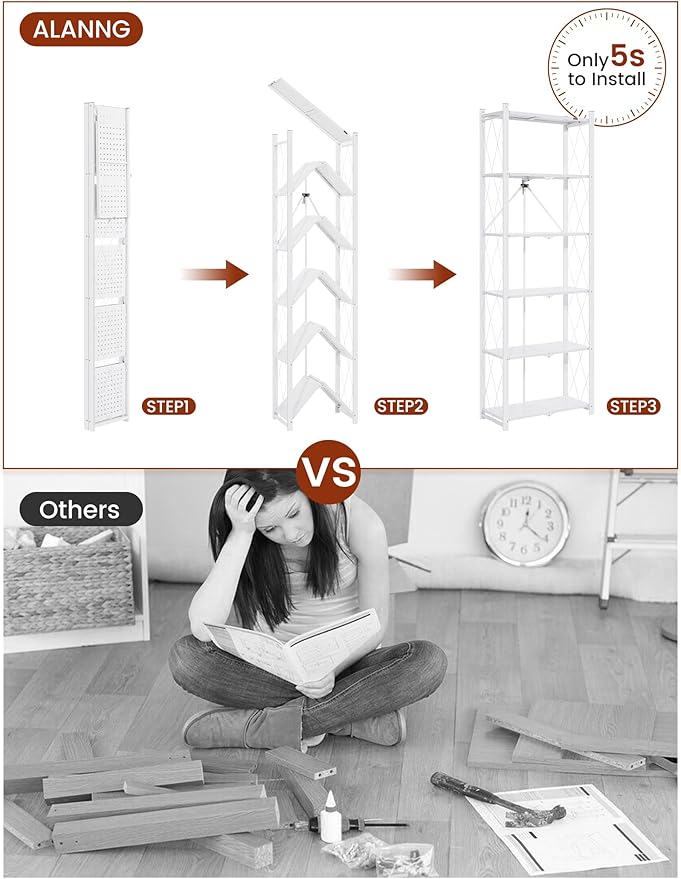 ALANNG 73.6 Inch Folding Bookshelf, 6 Tier Metal Bookcase and Bookshelves | Tall Shelves for Living Room Office Bedroom, Heavy Duty Book Shelve Free Standing Open (White, 2PACK)