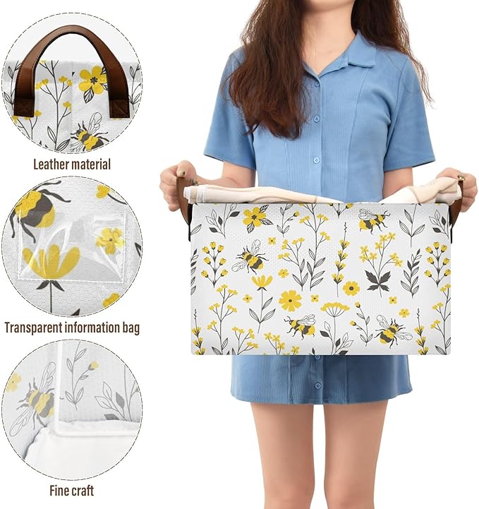 Yellow Wildflower with Bee Storage Basket Foldable Cube Storage Bins with Handles&Labels Waterproof Collapsible Organizer Box Bin Large Decorative Baskets for Shelves Home Living Room Closet, 2 Pack