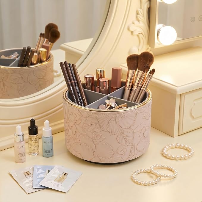 Round Leather Art Supply Organizer,Remote Control Holder,360 Degree Spinning,Multi-Functional Pencil Holder,4 Compartments Desktop Stationary Organizer(1-Golden Apricot)