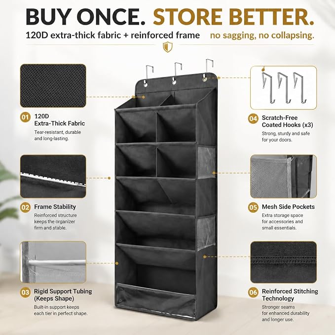 HOMELUX THEORY Hanging Shoe Organizer for Closet, 6 Tier Over the Door Shoe Organizer 120D Extra Thick with Deep Pockets, Shoe Rack for Closet & Entryway, with 4 Side Storage Pockets (Light Gray)