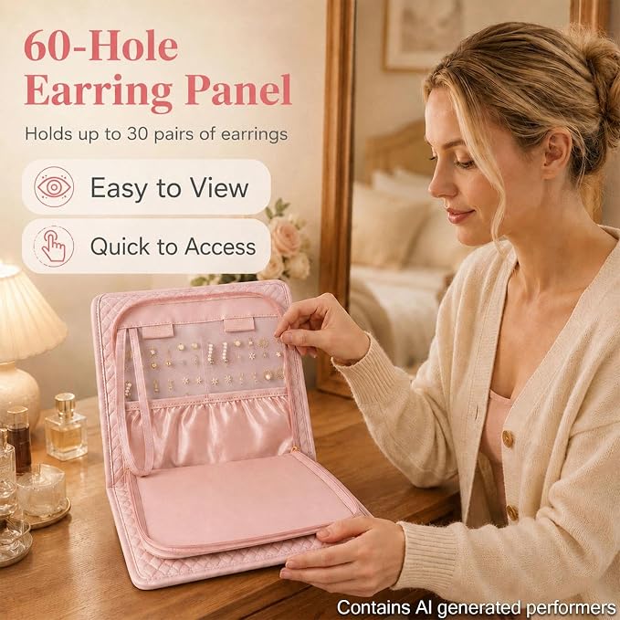Double Sided Hanging Jewelry Organizer for Closet Door, Pink,Travel Closet | hanging jewelry organizer keeps earrings, rings, necklaces, and bracelets visible in a closet or travel bag.