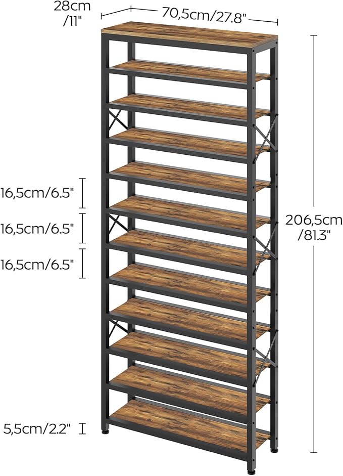 YATINEY 12-Tier Tall Shoe Rack Organizer, Wooden Shoe Storage for Closet Holds 48 Pairs, Sturdy Shoe Shelf with X-Shaped Metal Support, for Entryway, Bedroom, Rustic Brown and Black SS212BR