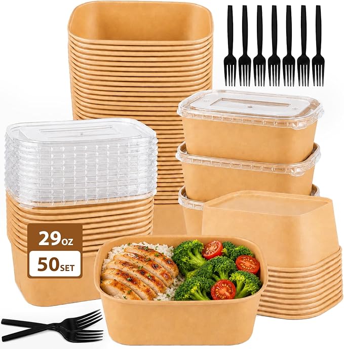 50 Pack 29oz Disposable Kraft Paper Bowls with Lids and Forks, Leak Resistant Meal Prep Containers, Microwave & Freezer Safe for Weekly Lunch Prep, Leftovers, Takeout and Party
