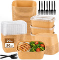50 Pack 29oz Disposable Kraft Paper Bowls with Lids and Forks, Leak Resistant Meal Prep Containers, Microwave & Freezer Safe for Weekly Lunch Prep, Leftovers, Takeout and Party