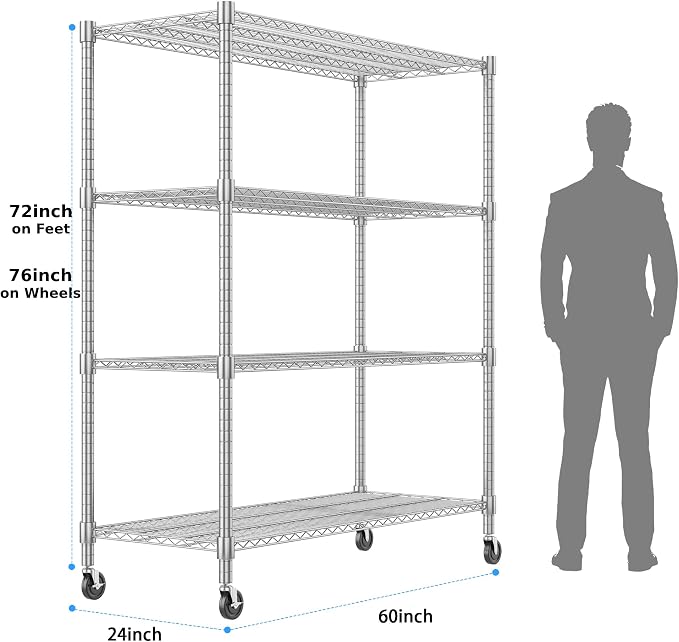 Homdox 4-Tier Heavy Duty Metal Shelves with Wheels - 2400LBS Commercial Adjustable Shelves for Garage, Pantry, Kitchen - 24"x60"x72", Chrome