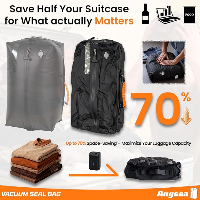 34L Vacuum Seal Bags for Clothing Travel - IP67waterproof & Reusable, Electric Pump Included, Travel Vacuum Bags with Pump,Compression Storage Bags for Luggage/Backpack Packing (1PC)