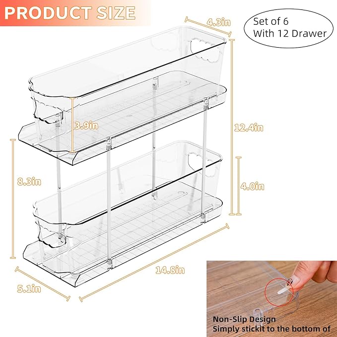 SUOXING 6 Pack Bathroom Under Sink Organizer for Small Spaces,5.1" Narrow 2 Tier Under Cabinet Storage for Cleaning Supplies Organization,Pull Out Kitchen Cupboard Underneath Sink Organizer,Clear