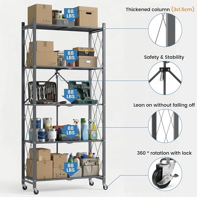 ALANNG 70.7" H Metal Storage Shelves, 5 Tier Folding Shelf on Wheels | Heavy Duty, No Assembly, Rolling, Collapsible Rack Unit for Kitchen, Basement, Pantry (Gray,3 Pack)