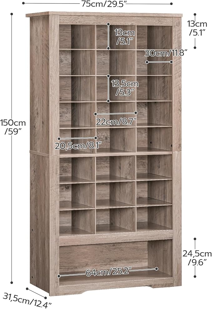 HOOBRO Tall Shoe Cabinet, 9 Tier Shoe Storage Cabinet, Freestanding Wooden Shoe Cabinet Organizer with 24 Cubbies and 3 Hooks, for Entryway, Closet, Living Room, Greige BG24SC01