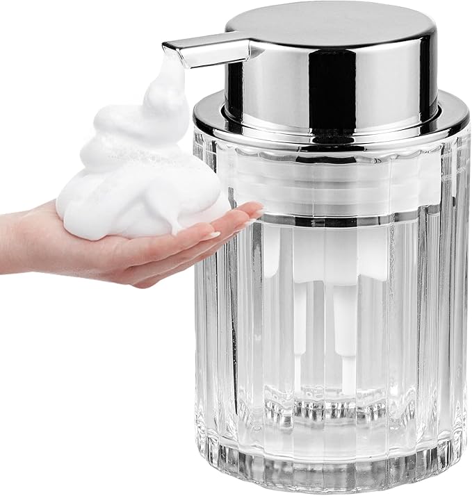 Foaming Hand Soap Dispenser, 8oz Refillable Clear Glass with Silver Pump, for Liquid Soap or Lotion, Vertical Ribbed Decor for Bathroom Vanity, Kitchen, Commercial Use - 1 Pack