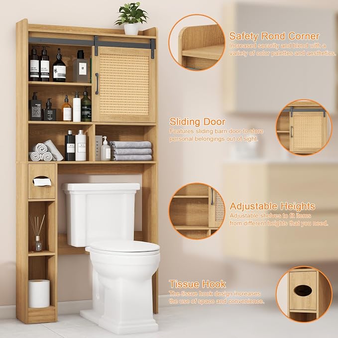 Vabches Over The Toilet Storage Cabinet with Sliding Barn Door. Rattan Oak | Farmhouse Storage Cabinet with Toilet Paper Holder Stand, Home Space-Saving Toilet Rack, for Bathroom, Restroom, Laundry