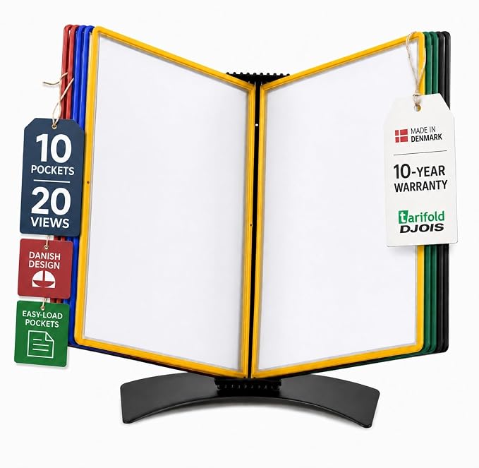 Tarifold Desktop Reference & Display System, 10 Double-Sided Pockets, 20 Sheet Capacity, Durable Metal Base, Easy-Load Polypropylene Pockets, Letter-Size, Made in Denmark, Assorted Colors