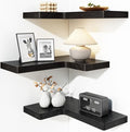 Fixwal Corner Floating Shelves for Wall Mounted Natural Solid Wood 16"x11.4" Farmhouse Home Decor Display Shelving Set of 3 (Black)