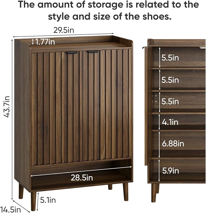 Smuxee Walnut Shoe Cabinet with Fluted Doors, 6-Tier Shoe Storage Cabinet with Adjustable Shelves, Freestanding Shoe Organizer Cabinet for Entryway, Hallway, Closet, Living Room