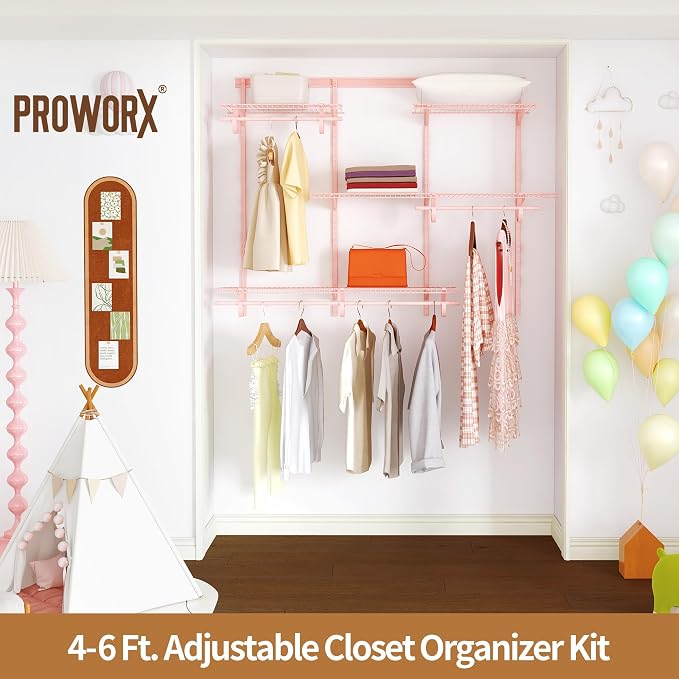 PROWORX 4-6 Ft. Expandable Closet Organizer System, Pink Custom Metal Wire Closet Shelving, Organizers and Storage Shelves Wall Mounted with Hanging Rods