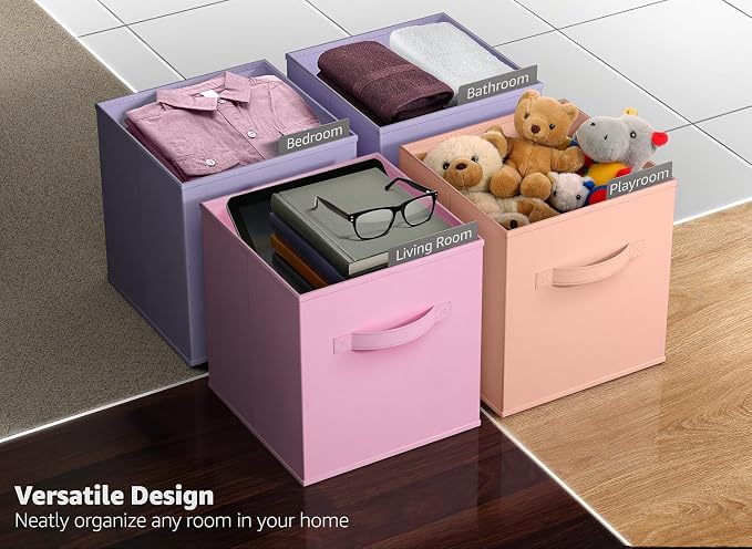 Sorbus Storage Cubes - 11" Foldable Storage Bins with Handle for Nursery, Playroom, Closet Organizers and Storage - 6 Fabric Shelf Basket for Toys, Books, Clothes - Orange Purple & Pink Storage Cubes