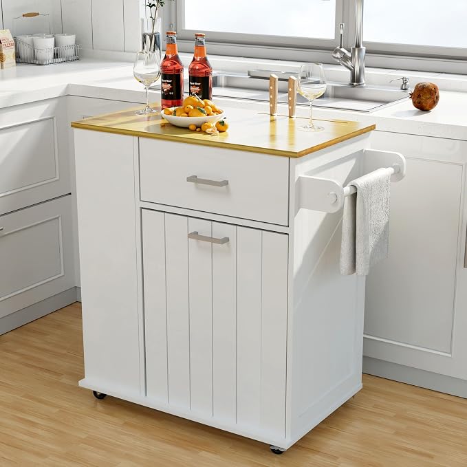 HQZX Rolling Kitchen Island with Trash Can Storage, Portable Kitchen Island on Wheels with Towel Rack & Spice Rack, Tilt Out Trash Can Cabinet with Drawer, Mobile Island Cart (White)
