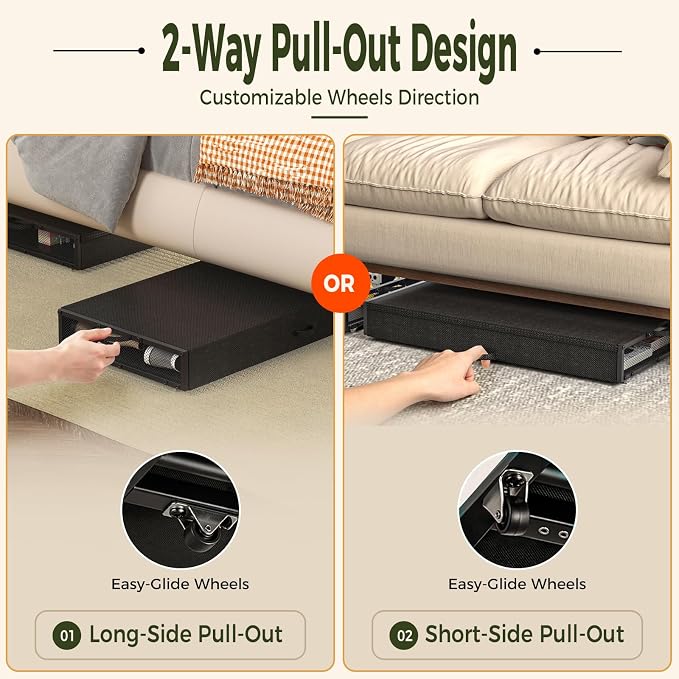 Fokyfok 2 Pack Under Bed Storage with Wheels 4.5 inch Height | Metal Frame,Lid,Rolling Slim Under Bed Drawers for Shoes,Clothes and Toys,Shallow Underbed Storage,Under Couch Storage,Black