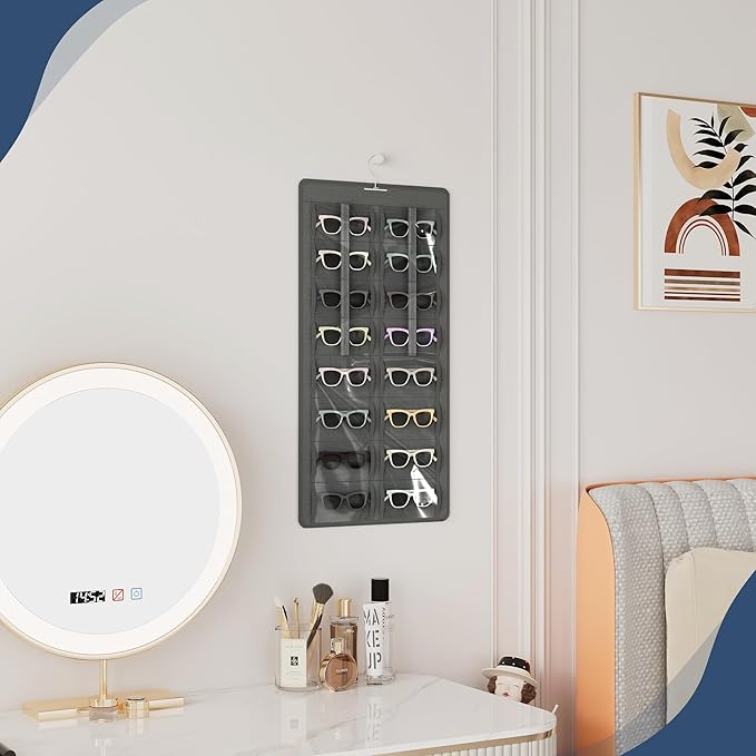 Hanging Sunglasses Organizer and Storage, 32 Slots Jewelry Holder, Gray | Protect eyewear from dust with double-sided clear compartments; roof design hangs on wall, door or closet for home/RV travel.