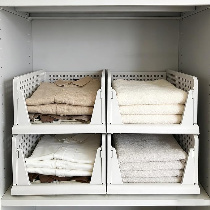4 Pack Stackable Collapsible Closet Organizer - Sturdy PP Plastic Clothes Storage Bins, Easy to Assemble Space-Saving Organizers for Clothes, Coats, Towels, Toys, RV/Camper Small Spaces