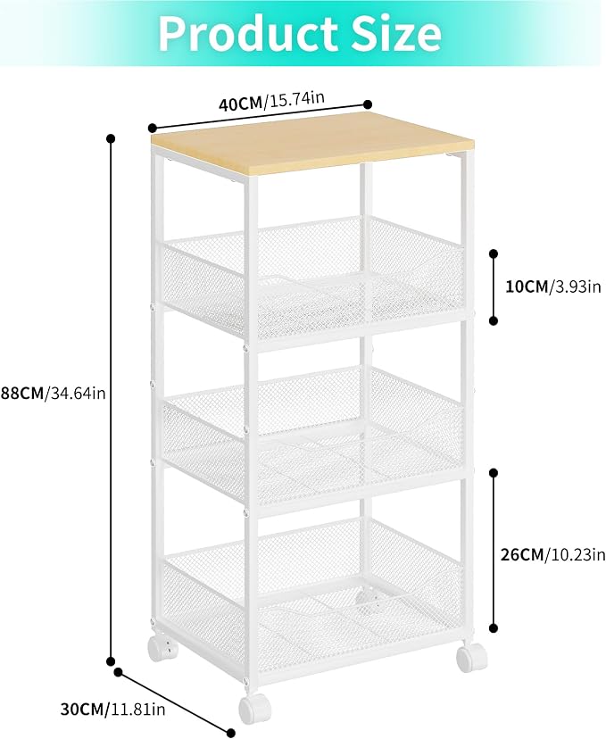 HapiRm Fruit Basket Kitchen Cart - 4-Tier Rolling Storage Cart with Wheels, Wood Top Utility Pantry Cart for Vegetables, Potatoes, Onions, Bread, Snacks