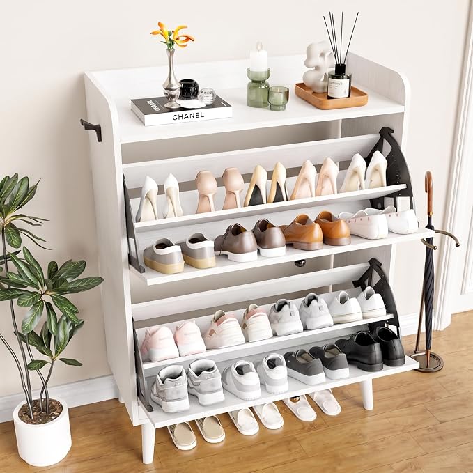YZ HOME Shoe Storage Cabinet with 2 Flip Drawers, Entryway Shoe Cabinet with 2 Metal Hooks & Adjustable Shelves Freestanding Shoe Organizer Narrow Shoe Rack for Entrance Hallway Foyer Front Door