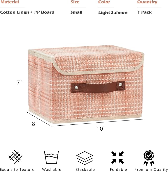 Storage Boxes with Lid 3D Textured Fabric Storage Bins Closet Organizer Containers Decorative Collapsible Washable Shelf Baskets with Faux Leather Handles (Light Salmon, Small Size)