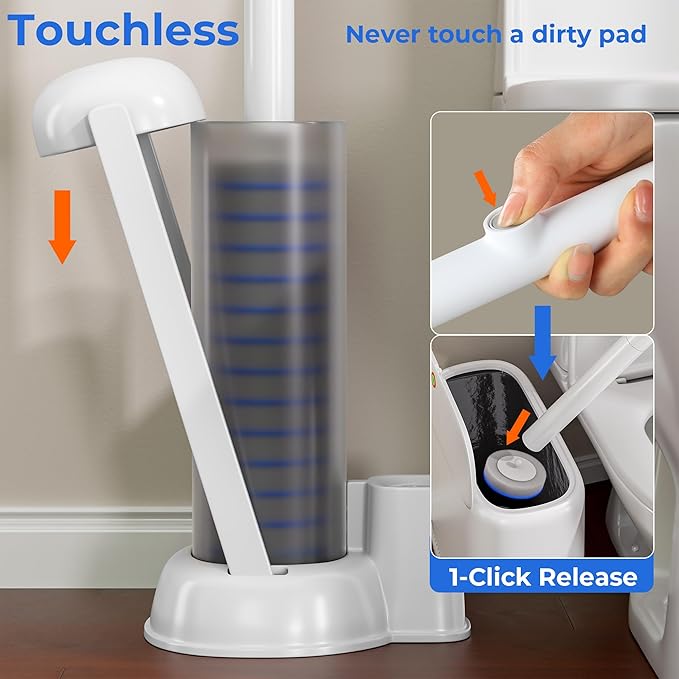 Disposable Toilet Brush and Holder Set - Hands-Free Eject Sponge Toilet Wand with Floor Standing Caddy, Secure-Lock Hangable Toilet Scrubber