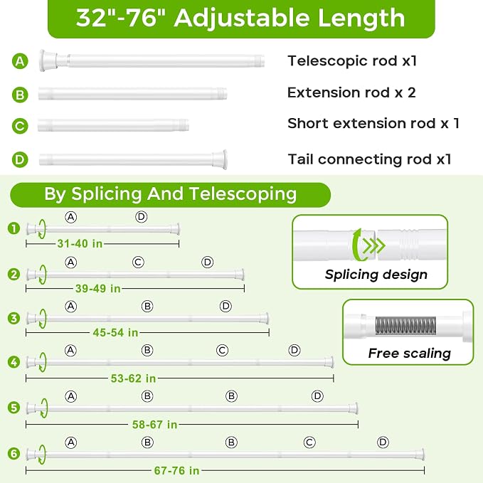 White Shower Curtain Rod 32 to 76 Inches Adjustable, 7/8 Inch Diameter Heavy Duty Tension Curtain Rods No Drill, Rust-Resistant Tension Rod for Bathroom, 1 Pack