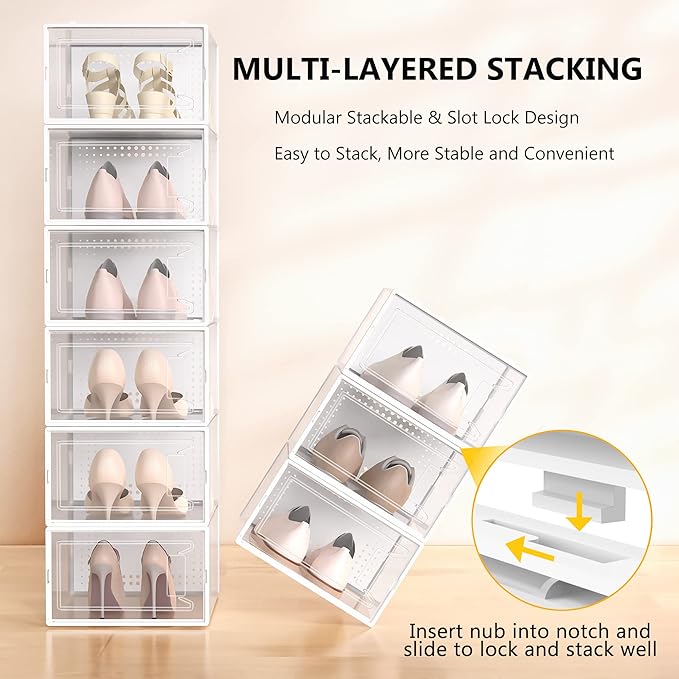 Snaxo 12 Pack Large Clear Shoe Storage Boxes, Stackable Modular Plastic Shoe Organizer Front-Opening Door, Ventilated Dust-Proof Sneaker Display Cases Closet and Entryway, White