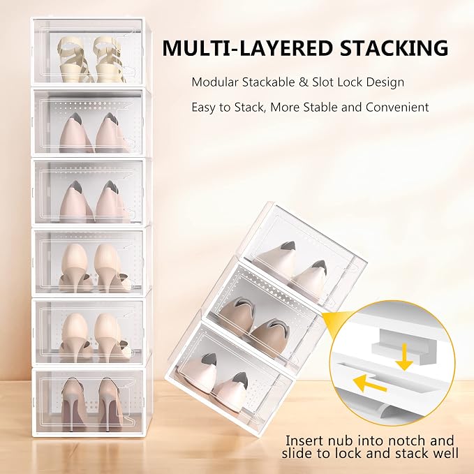 Snaxo 12 Pack X-Large Clear Shoe Storage Boxes, Stackable Modular Plastic Shoe Organizer Front-Opening Door, Ventilated Dust-Proof Sneaker Display Cases Closet and Entryway, White