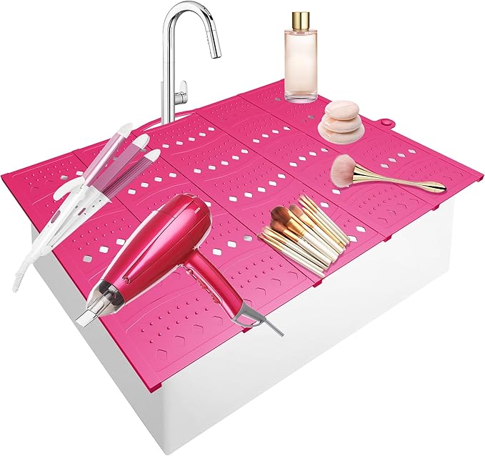 Mofason Bathroom Sink Top Cover Space Saver,Silicone Makeup Organizer Mat for Over Countertop,Small Bathroom Must Haves Accessories Rv Camper Travel Foldable Gadgets-Pink