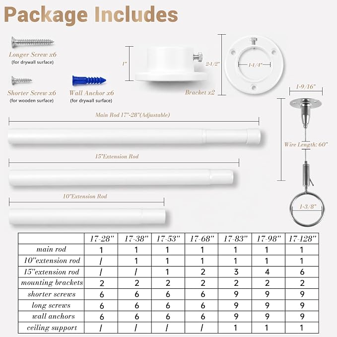 Closet Rod Adjustable 17-128”, Heavy Duty Hanging Clothes Rod, White | 1-1/4” Diameter, Stepless Metal Closet Bar, Wall-Mounted, For Hanging Clothes, Walk-In Closet, Wardrobes, Laundry Room, RV